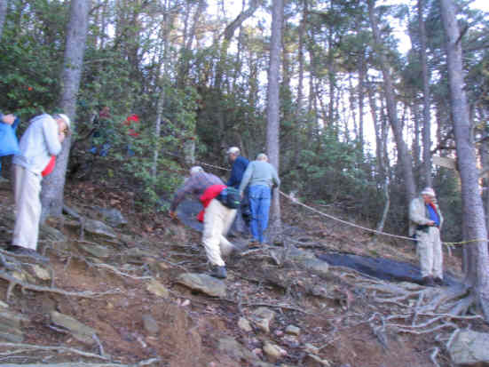 We are climbing back up from Big Rock (difficult footing!). There is a nice big rope to help make the climb safer.