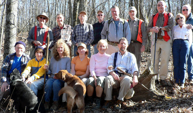 The OFHC gang for today's hike. (l-r seated) Tony Presley, Donna Presley, Carole Wintle, Melissa Anderson, Jeanne O'Connor and Bruce O'Connor. Dogs "Jet" and "Bo" (l-r standing) Wayne Miller, Dan Ross, Phil Brownrigg, Jack Slaton, Chuck Crisp, Dick Metzgar, Jack Jacobi, Geri Whitaker, and David Whitaker.