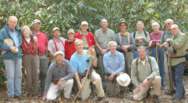 The OFHC gang for today's hike. (LR front) Ray Cowan, Dan Ross, Dick Metzgar, and Chuck Crisp. (l-r back) David Whitaker, Geri Whitaker, Bill Hunt, Bruce O'Connor, Jeanne O'Connor, Bob Thompson, Pom Sinnock, Wayne Miller, John Bellamy, June Bellamy, Jack Jacobi, and Doug Russell.