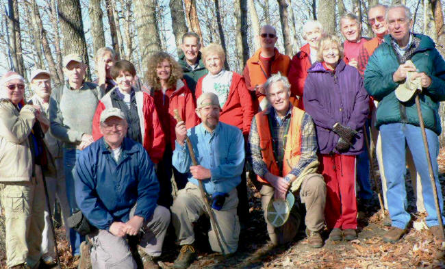The OFHC gang for today's hike. (l-r kneeling) Tony Presley, Bruce O'Connor, and Dick Metzgar. (l-r standing) Doug Russell, Ray Cowan, Phil Brownrigg, Dan Ross, Donna Presley, Carole Wintle, Bob Thompson, Jeanne O'Connor, Wayne Miller, June Bellamy, Geri Whitaker, John Bellamy, Jack Jacobi, and David Whitaker.