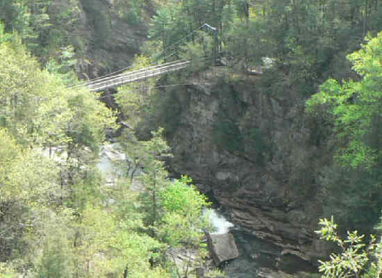 Looking through the gorge, you can see the suspension foot-bridge.