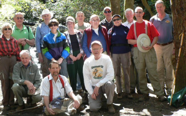 The OFHC gang for today's hike. (l-r front) David Whitaker, Bruce O'Connor, Tony Presley. (l-r back) Geri Whitaker, Jack Jacobi, Dick Metzgar, Donna Presley, Jeanne O'Connor, John Bellamy, Doug Russell, Joe Raguckas, Linda Johnson, Billups Johnson, Wayne Miller, and Chuck Crisp.