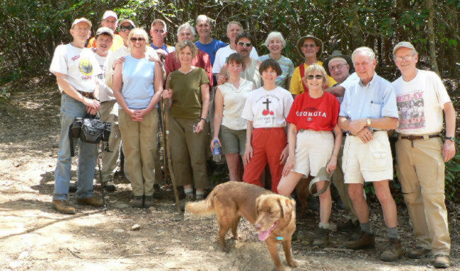 The OFHC gang for today's hike. (l-r) Phil Brownrigg, Stan Amsler, Bob Thompson, Joe Raguckas, Carole Raguckas, Jack Slaton, Dick Metzgar, Carole Wintle, Dan Ross, John Bellamy, Melissa Anderson, Jeff Anderson, Donna Presley, June Bellamy, Wayne Miller, Geri Whitaker, Doug Russell, David Whitaker, Tony Presley, and Trail dog "Bo"