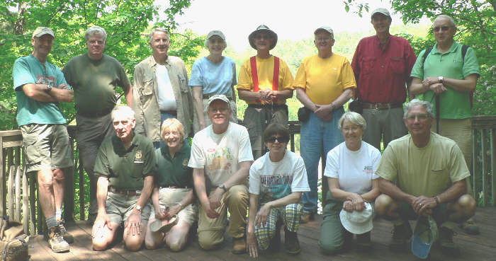 The OFHC gang for today's hike. (l-r kneeling) David Whitaker, Geri Whitaker, Tony Presley, Donna Presley, Martha Hunt, Bill Hunt (l-r standing) Terry Doyle, Steve Jordan, John Bellamy, June Bellamy, Wayne Miller, Bob Presley, Pom Sinnock, Jack Jacobi.
