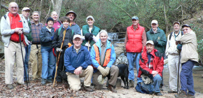 The OFHC gang for today's hike. (l-r kneeling) Tony Presley, Dick Metzgar, "Jet" facing backwards, and Bruce O'Connor. (l-r standing) Jack Jacobi, Phil Brownrigg, Dan Ross, Jeanne O'Connor, John Bellamy, Donna Presley, Wayne Miller, June Bellamy, Pom Sinnick, Bob Thompson, Ray Cowan, and Doug Russell.