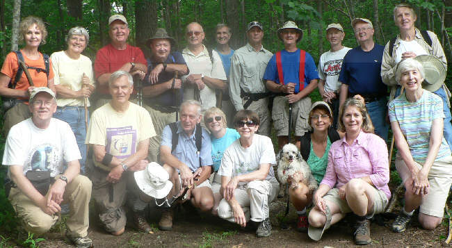 The OFHC gang for today's hike. (l-r kneeling) Tony Presley, Dick Metzgar, David Whitaker, Geri Whitaker, Donna Presley, "Merlin" the trail dog, Lynne Porter-Whitmire, Wanda Miller, June Bellamy. (l-r standing) Carole Wintle, Sandra Green, Dave Standard, Doug Russell, Jack Jacobi, Dan Ross, Joe Raguckas, Wayne Miller, Phil Brownrigg, Bob Presley, John Bellamy .