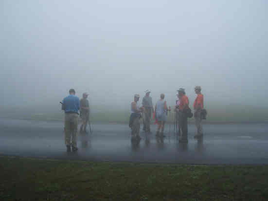 We reach the parking lot at Brasstown and find it fogged-in. "Another great day for a hike!"