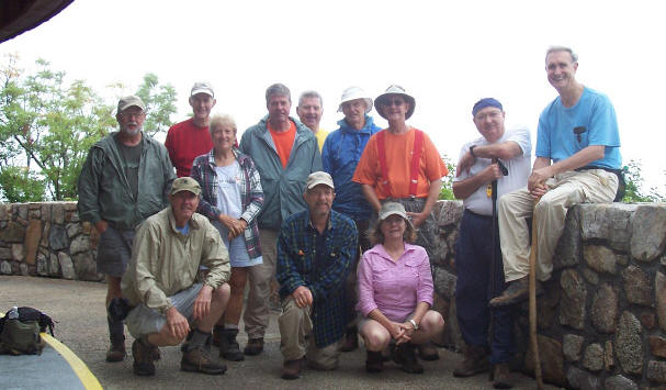 The OFHC gang for today's hike. (l-r kneeling) Pom Sinnock, Bruce O'Connor, Wanda Miller. (l-r standing) Bob Magee, Bob Thompson, Jeanne O'Connor, Chuck Crisp, Fred Marland, Dick Metzgar, Wayne Miller, Doug Russell, Dan Ross.