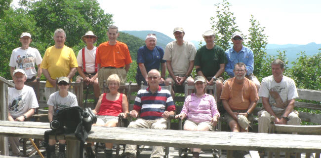 The OFHC gang for today's hike. (l-r in rocking chairs) Tony Presley, Donna Presley, Jeanne O'Connor, Jack Jacobi, Wanda Miller, Bob Magee, Chuck Crisp. (l-r off their rockers) Phil Brownrigg, Fred Marland, Wayne Miller, Bob Thompson, Doug Russell, Pom Sinnock, Dick Metzgar, Joe Raguckas.