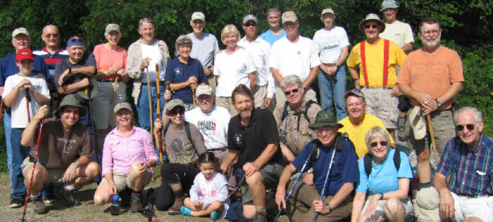 The OFHC gang from today's hike (l-r kneeling) Steve Stokes, Wanda Miller, Donna Presley, Tony Presley, Melita Nelson, Bruce O'Connor, Steve Jordan, Joe Metzger, Dave Standard, Geri Whitaker, David Whitaker. (l-r standing) Bob Presley, Allan Lance, Jack Jacobi, Doug Russell, June Bellamy, John Bellamy, Jeanne O'Connor, Bob Thompson, Carole Raguckas, Joe Raguckas, Dan Ross, Chuck Crisp, Phil Brownrigg, Wayne Miller, Bill Hunt, Bob Magee .