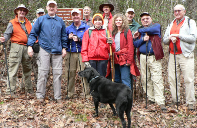 The OFHC gang for today's hike. (l-r) Wayne Miller, Dick Metzgar, Tony Presley, Dave Standard, Dan Ross, Donna Presley, Pom Sinnock, Carole Wintle, Bob Thompson, Doug Russell, and Jack Jacobi AND "Jet" the trail dog.
