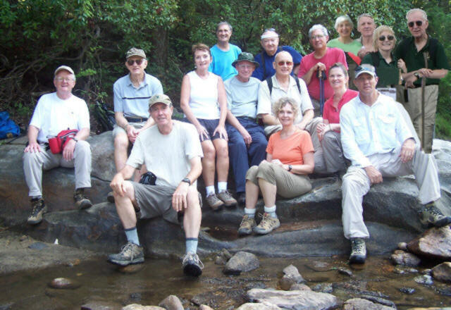 The OFHC gang from today's hike (seated front l-r) Pom Sinnock, Carole Wintle, Joe Raguckas. (back l-r) Bob Presley, George Otis, Gerry Metzger, Dan Ross, Joe Metzger, Doug Russell, Jack Jacobi, Bill Hunt, Linda Johnson, June Bellamy, John Bellamy, Geri Whitaker, David Whitaker.