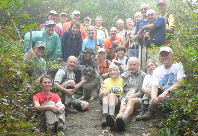 The OFHC gang from today's hike (l-r seated) Vic Robson, Linda D. Johnson, John Shauger, "Beau - trail dog", Joe Metzger, Carole Wintle, Geri Whitaker, Donna Presley, David Whitaker, Wanda Miller, Tony Presley. (back 1-r) Linda Johnson, Billups Johnson, Joe Raguckas, Bob Thompson, Jerry Metzger, Bob Presley, Dan Ross, Fred Marland, Wayne Miller, Bill Hunt, John Bellamy, June Bellamy, Jack Jacobi, Doug Russell., Pom Sinnock.