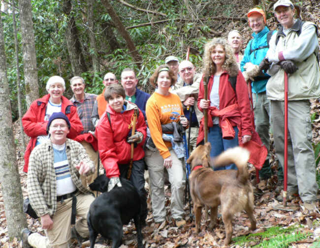 The OFHC gang for today's hike. (l-r) June Bellamy, Tony Presley, Dan Ross, Wayne Miller, Donna Presley, Dave Standard, Melissa Anderson, Dick Metzgar, Doug Russell, Carole Wintle, John Bellamy, John Ray, and Pom Sinnock. Dogs - Jet and Bo.