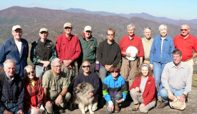 The OFHC gang for today's hike. (l-r front) David Whitaker, Geri Whitaker, Bill Hunt, John Shauger and "Beau", Donna Presley, Carole Wintle, Chuck Crisp. (l-r standing) Tony Presley, Phil Brownrigg, Pom Sinnock, Bob Thompson, Cliff Dewitt, Dick Metzgar, John Bellamy, June Bellamy, Jack Jacobi.