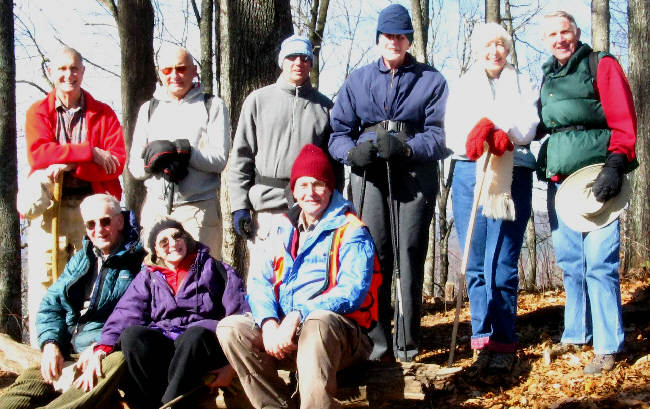The OFHC gang for today's hike. (l-r front) David Whitaker, Geri Whitaker, Dick Metzgar. (l-r back) Dan Ross, Jack Jacobi, Joe Raguckas, Bob Thompson, June Bellamy, John Bellamy.