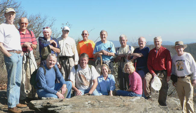 The OFHC gang for today's hike. (l-r front) John Bellamy, Chuck Crisp, Wanda Miller, Pam Euliss. (l-r back)Phil Brownrigg, Jack Jacobi, Doug Russell, Joe Raguckas, Wayne Miller, Dan Ross, Bill Hunt, Bob Presley, Dick Metzgar, Tony Presley.