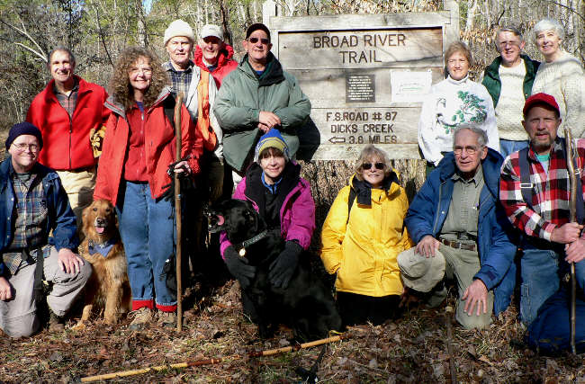 The OFHC gang for today's hike. (l-r) Tony Presley, Dan Ross, Carole Wintle, Dick Metzgar, Bob Thompson, Wayne Miller, Donna Presley, Geri Whitaker, David Whitaker, Jeanne O'Connor, John Bellamy, June Bellamy, Bruce O'Connor. Dogs - Jessie (left) and Jet (yawning)