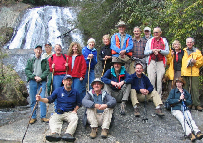 The OFHC gang for today's hike. (l-r seated) Bruce O'Connor, Wayne Miller, Pom Sinnock, Dave Standard, and Melissa Anderson. (l-r standing) Phil Brownrigg, Bill Hunt, John Bellamy, Carole Wintle, June Bellamy, Jeanne O'Connor, Dick Metzgar, Dan Ross, Bob Thompson, Jack Jacobi, ("Bo" look closely), Geri Whitaker, and David Whitaker.