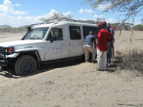 Stuck in the soft sand. It took about an hour to get out, with the help of several other guides and tourists, plus a couple of Maasai tribesmen.