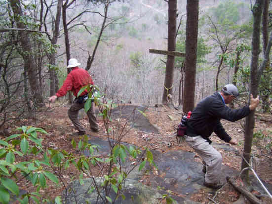 Working our way down the steep slope to Big Rock.