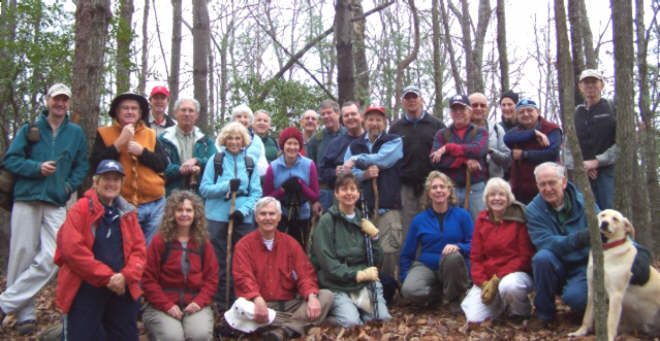 The OFHC gang for today's hike. (front l-r) Jean O'Connor, Carole Wintle, Dick Metzgar, Karen Brown, Wanda Miller, Geri Whitaker, David Whitaker, Nugget the trail dog.(back l-r) Terry Doyle, Dan Euliss, Pom Sinnock, Bill Hunt, Pam Euliss, June Bellamy, John Bellamy, Leigh Ann Miller, Wayne Miller, Chuck Crisp, Dave Standard, Bruce O'Connor, Joe Raguckas, Vic Robson, Jack Jacobi, Bob Thompson, Doug Russell, Phil Brownrigg.
