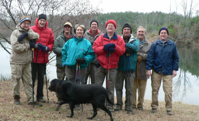 The OFHC gang for today's hike (l-r) Doug Russell, Bob Thompson, "Jet" the trail dog, Wayne Miller, Wanda Miller, Pom Sinnock, Bob Presley, Bill Hunt, Dan Ross, and Tony Presley.