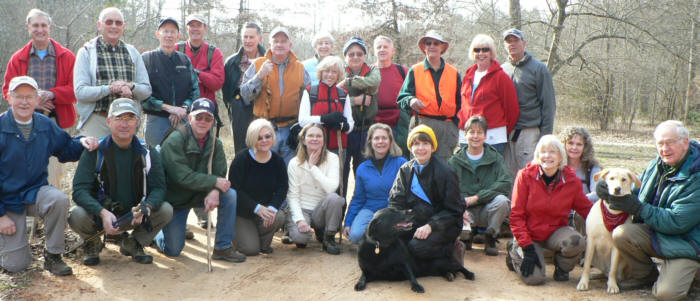 The OFHC gang for today's hike (l-r front) Tony Presley, Bill Hunt, Vic Robson, Faye Sisson, Linda Johnson, Wanda Miller, trail dog "Jet", Donna Presley, Karen Brown, Geri Whitaker, Carole Wintle, trail dog "Nugget" and David Whitaker. (l-r back) Dan Ross, Jack Jacobi, Phil Brownrigg, Pom Sinnock, Bob Thompson, Dan Euliss, June Bellamy, Pam Euliss, Doug Russell, John Bellamy, Wayne Miller, Carole Raguckas and Joe Raguckas.