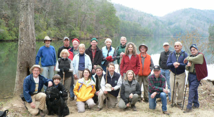 The OFHC gang for today's hike (l-r front) Tony Presley, Donna Presley, "Jet" the trail dog, Linda Johnson, Bill Hunt, Bruce O'Connor, Wanda Miller, Vic Robson. (l-r Standing) Jack Sander, Pam Euliss, Joe Raguckas, Bob Presley, Jeanne O'Connor, Alan Herrin, June Bellamy, John Bellamy, Carole Wintle, Wayne Miller, Phil Brownrigg, Jack Jacobi, and Doug Russell.