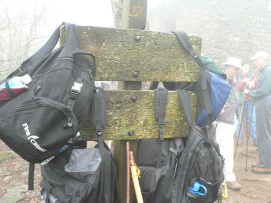 The trail sign at the Blood Mountain Shelter.