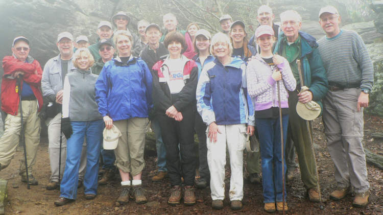 The OFHC gang for today's hike. (l-r front) Pam Euliss, Wanda Miller, Donna Presley, Geri Whitaker, Lauren Jones (middle) Doug Russell, Bob Magee, Vic Robson, Phil Brownrigg, Bailey Jones, Ann Jones, David Whitaker, Tony Presley (Back) Sam Hay, Bob Thompson, Wayne Miller, Dan Ross, John Bellamy, Greta Driggers, Deena Johns, Larry Jones.
