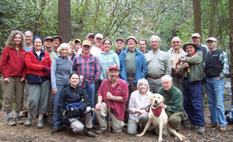 The OFHC gang for today's hike. (l-r front) Linda Johnson, Bruce O'Connor, Geri Whitaker, Nugget "the trail dog" and David Whitaker.(Back) Carole Wintle, Dan Ross, Jeanne O'Connor, Greta Driggers, Wayne Miller, Pam Euliss, Deena Johns, Jarrod Sinnock, Vic Robson, Joe Raguckas, Bob Thompson, Elizabeth Gandy, Dave Hinson, Bob Presley, John King, Bill Hunt, Jack Jacobi, Doug Russell, Pom Sinnock and Phil Brownrigg.