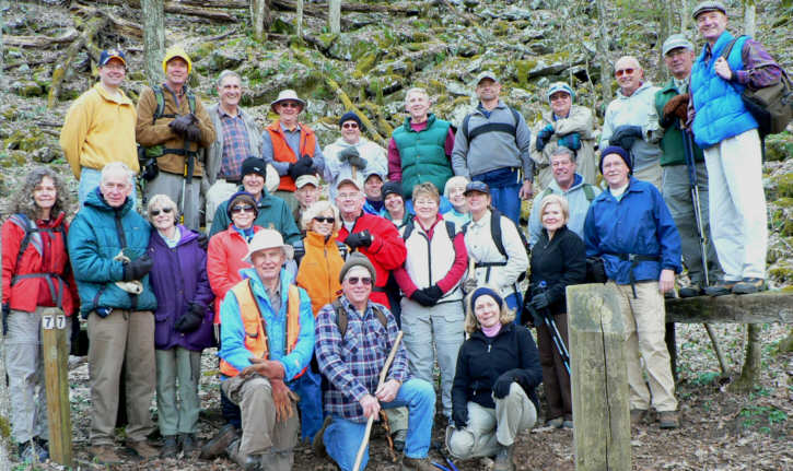 The OFHC gang for today's hike - (front row l-r) Dick Metzgar, Vic Robson and Wanda Miller.(middle l-r) Carole Wintle, David Whitaker, Geri Whitaker, Donna Presley, Bob Thompson, Phil Brownrigg, Pam Euliss, Dan Euliss, Joe Raguckas, Carole Raguckas, Deena Johns, June Bellamy, Greta Driggers, Faye Sisson, Chuck Crisp and Tony Presley. (Back row l-r) Phillip Hunt, Pom Sinnock, Dan Ross, Wayne Miller, Ken Adams, John Bellamy, Russell Burken, Doug Russell, Jack Jacobi, Bill Hunt and Terry Doyle.