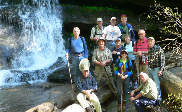 The OFHC gang for today's hike - (front row l-r) Vic Robson and Doug Russell. (middle l-r) John Bellamy, Wayne Miller, Greta Driggers, Donna Presley, Deena Johns, Jack Jacobi and Phil Brownrigg. (back l-r) Pom Sinnock, Tony Presley and Dave Hinson.