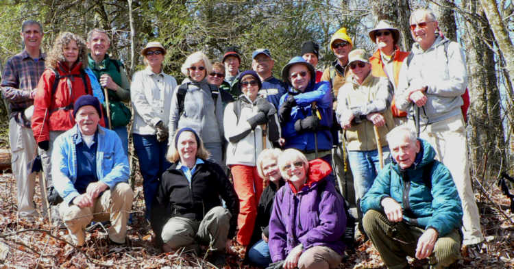 The OFHC gang for today's hike. (l-r kneeling) Tony Presley, Wanda Miller, Faye Sisson, Geri Whitaker and David Whitaker. standing (l-r) Dan Ross, Carole Wintle, John Bellamy, Greta Driggers, Pam Euliss, Denna Johns, Phil Brownrigg, Donna Presley, Russell Burken, Doug Russell, Bob Thompson, Pom Sinnock, Vic Robson, Wayne Miller and Jack Jacobi.