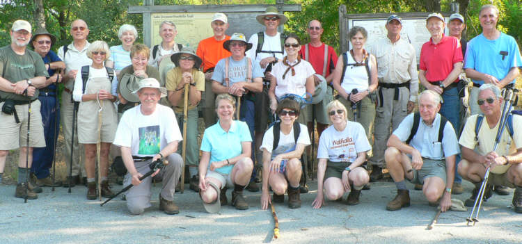 The OFHC gang for today's hike. (l-r front) Tony Presley, Wanda Miller, Donna Presley, Geri Whitaker, David Whitaker and Bill Hunt. (l-r standing) Bob Magee, Doug Russell, Jack Jacobi, Pam Euliss, June Bellamy, Deena Johns, John Bellamy, Greta Driggers, Bob Thompson, Vic Robson, Pom Sinnock, Linda Johnson, Wayne Miller, Carole Wintle, Joe Raguckas, Phil Brownrigg, Phil Evans and Dan Ross.