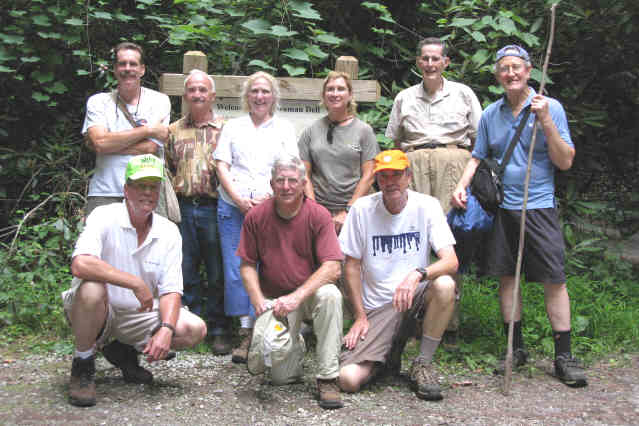 The OFHC gang for today's hike. (l-r front) Chuck Crisp, Vic Robson and Pom Sinnock. (l-r back) John King, Phil Achey, Lynne Saporito, Gretta Driggers, Bob Thompson and Peter Muir.