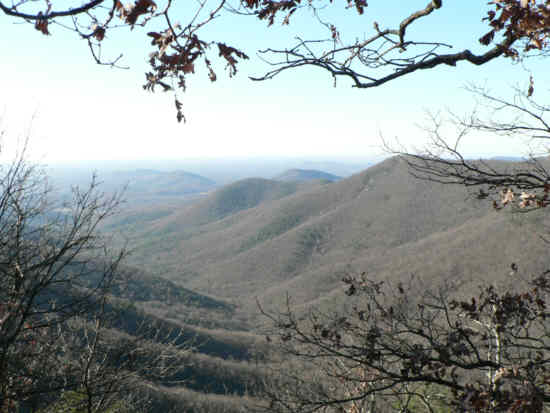 The view down the valley between the two mountains.