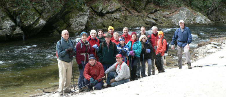 The OFHC gang for today's hike. (sitting l-r) Doug Russell and Bruce O'Connor. (standing l-r) Jack Jacobi, Karen Brown, June Bellamy, John Bellamy, Vic Robson, Pom Sinnock, Jeanne O'Connor, Mitch DeWitt, Dan Ross, Leigh Ann Miller, Pam Euliss, Cliff DeWitt, Bill Hunt, Donna Presley and Tony Presley.