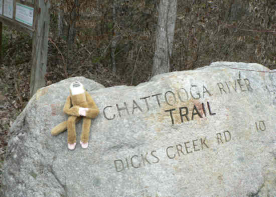 The large boulder trail marker with trail monkey!