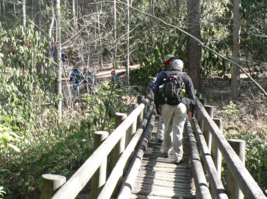 Crossing the bridge across the East Fork of the Chattooga River.