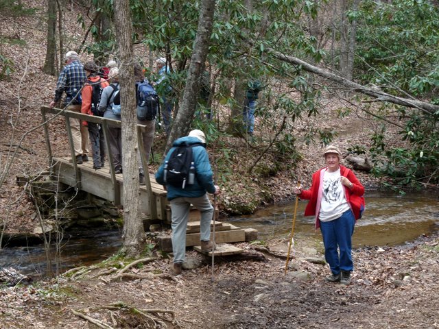 Crossing the bridge over Justus Creek.