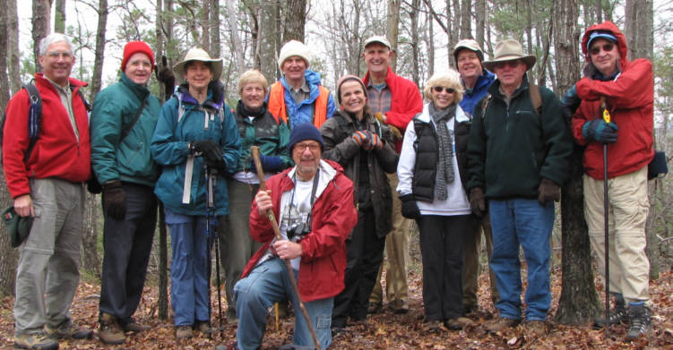 The OFHC gang for today's hike. (l-r) Bill Hunt, Dave Hinson, Karen Brown, Jeanne O'Connor, Bruce O'Connor (kneeling), Dick Metzgar, Andrea Surles, Dan Ross, Pam Euliss, Dave Standard, Vic Robson and Doug Russell.