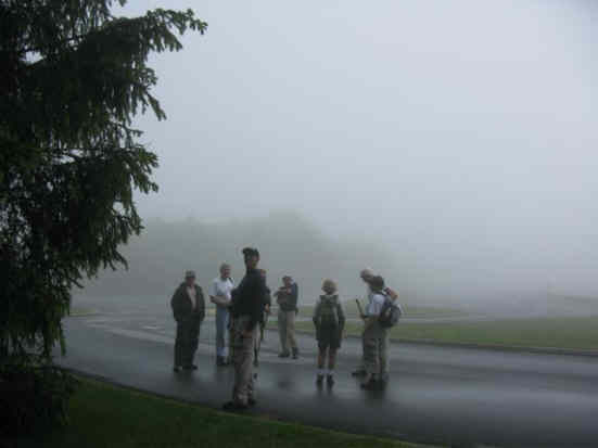 The Jack's Knob trail empties into the parking lot of Brasstown Bald. We are in fog or clouds.