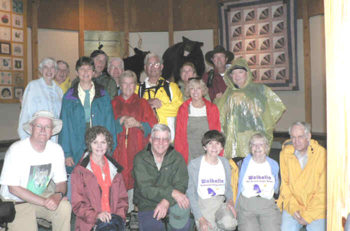 The OFHC gang for today's hike (in the Brasstown Bald Visitor Center). (l-r kneeling) Tony Presley, Carole Wintle, Vic Robson, Donna Presley, Geri Whitaker and David Whitaker . (l-r standing) June Bellamy, John Bellamy, Karen Brown, Joe Raguckas, Dave Hinson, Jeanne O'Connor, Bill Hunt, Greta Driggers, Pam Euliss, Pom Sinnock and Doug Russell.
