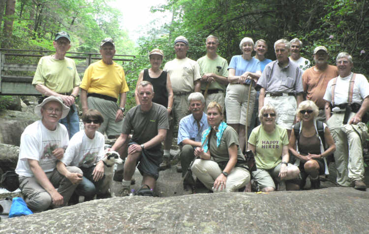 The OFHC gang for today's hike. (l-r front) Tony Presley, Donna Presley, "Cotton" the trail dog, Steve Gales, Jim Driggers, Gretta Driggers, Geri Whitaker and Pam Euliss. (l-r back)Phil Brownrigg, Dave Standard, Jeanne O'Connor, Bill Hunt, Dan Ross, June Bellamy, John Bellamy, David Whitaker, Dick Metzgar, Bob Magee and Vic Robson.