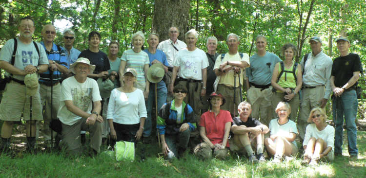 The OFHC gang for today's hike. (l-r front) Tony Presley, Lynne Saporito, Donna Presley, Linda Johnson, Don Johnson, Faye Sisson and Pam Euliss. (l-r standing) Bob Magee, Jack Jacobi, Jim Driggers, Karen Brown, Greta Driggers, June Bellamy, John Bellamy, Don Preece, Dick Metzgar, Dave Hinson, Bill Hunt, Dan Ross, Carole Wintle, Joe Raguckas and Phil Brownrigg.