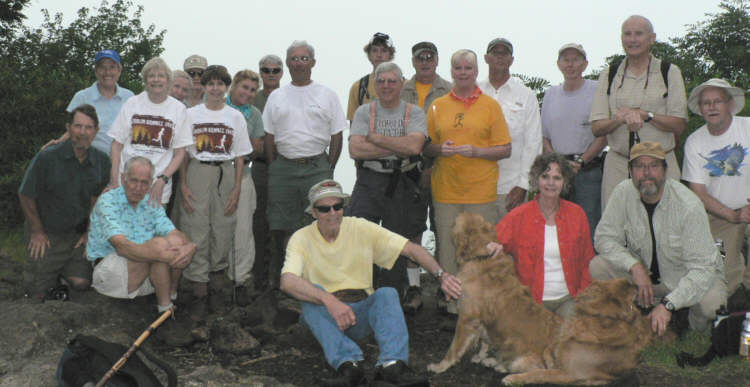 The OFHC gang for today's hike. (l-r kneeling) Bruce O'Connor, David Whitaker, John Otis, Carole Wintle, trail dogs Jessie and Ty Wintle, Jack Wintle and Tony Presley. (l-r standing) Jeanne O'Connor, Geri Whitaker, Lynne Saporito, George Otis, Donna Presley, Greta Driggers, Jim Driggers, Bill Hunt, Don Preece's Grandson - Dillon, Vic Robson, Don Preece, Carole Raguckas, Joe Raguckas, Phil Brownrigg and Jack Jacobi.