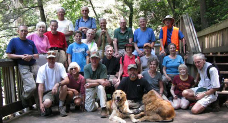 The OFHC gang for today's hike. (l-r kneeling) Pom Sinnock, Pam Euliss, Vic Robson, Don Johnson, Linda Johnson, trail dogs "Ty and Jessie", Jack Wintle, Carole Wintle, Leigh Ann Miller, Wanda Miller, Geri Whitaker and David Whitaker. (l-r back) Thomas Bowers, June Bellamy, Bob Thompson, Bill Hunt, Rachael Saporito, Jack Jacobi, Lynne Saporito, Dan Ross, Don Preece, John Bellamy and Wayne Miller.