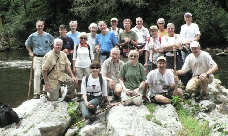 The OFHC gang for today's hike. (l-r kneeling) Dave Hinson, Donna Presley, David Whitaker, Geri Whitaker, Bruce O'Connor and Tony Presley (l-r standing) Dan Ross, Karen Brown, Dick Metzgar, Pam Euliss, June Bellamy, John Bellamy, Pom Sinnock, Greta Driggers, Don Preece, Jeanne O'Connor, Jim Driggers, Vic Robson and Phil Brownrigg.
